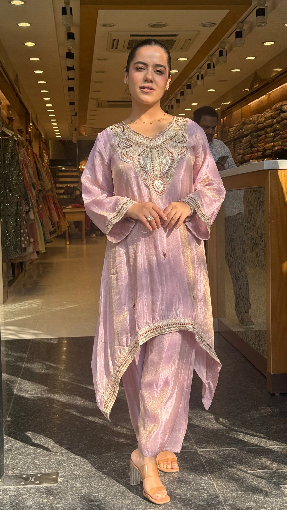 Shimmer Tissue Co-Ord Set with Dori Work Neckline