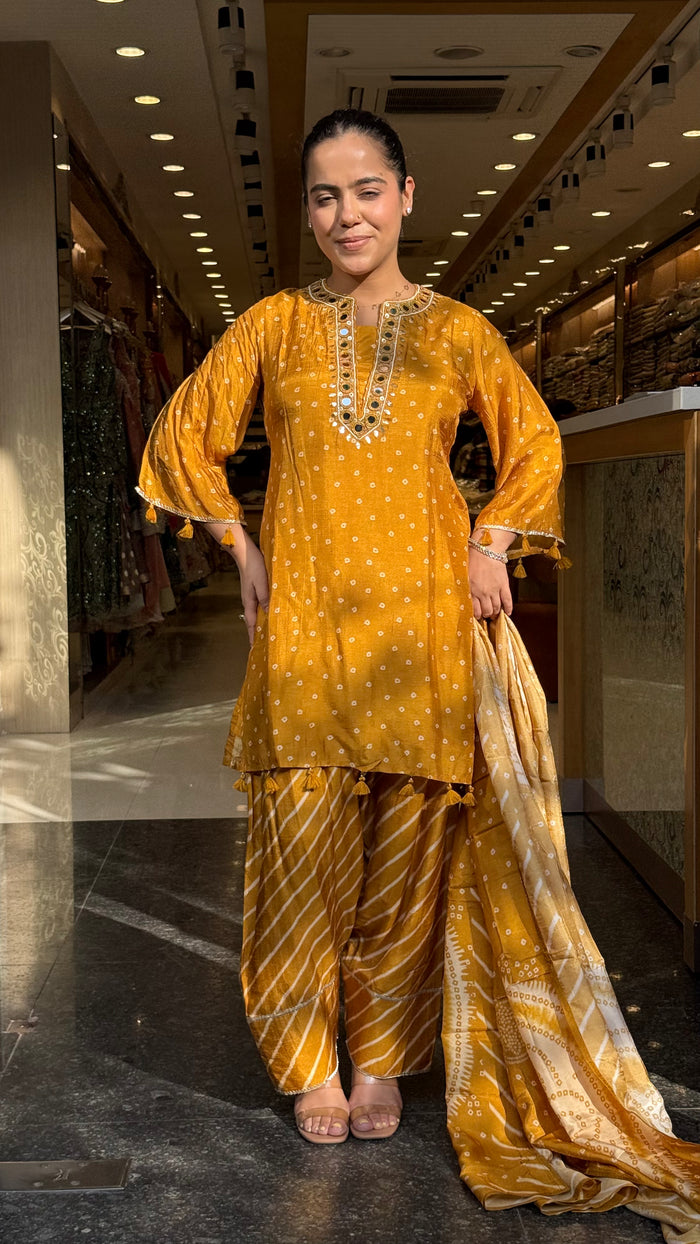 Gajji Silk Bandhani Print Suit Set with Mirror Work & Farshi Salwar