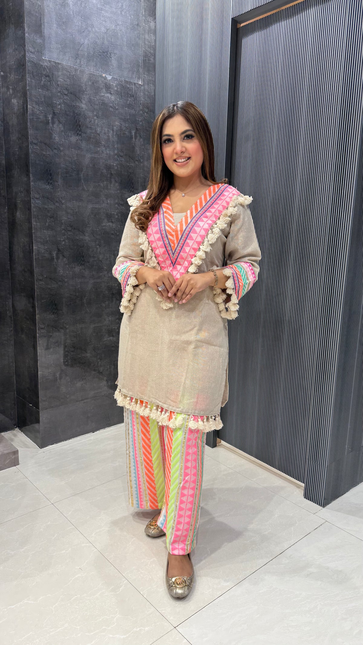 Linen Cotton Kurta with Neon Bottom Patchwork & Tassel Neckline