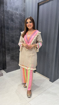 Linen Cotton Kurta with Neon Bottom Patchwork & Tassel Neckline