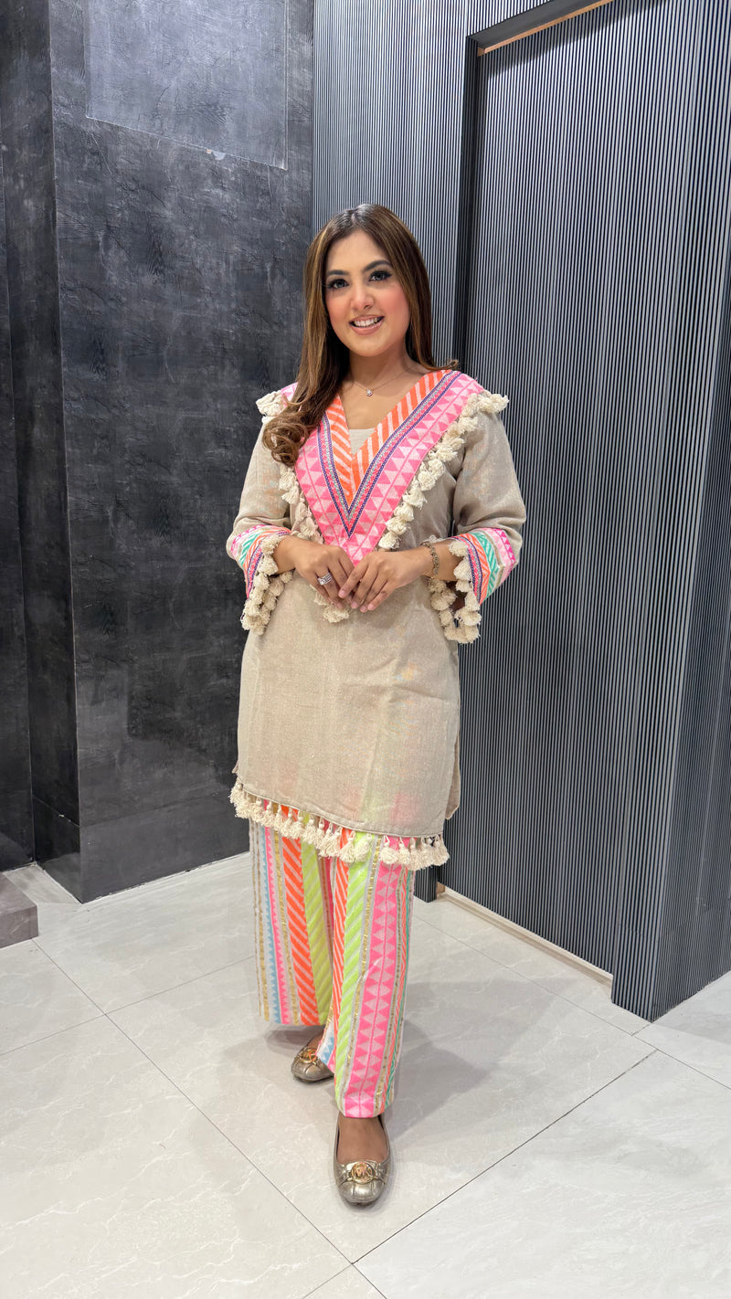 Linen Cotton Kurta with Neon Bottom Patchwork & Tassel Neckline