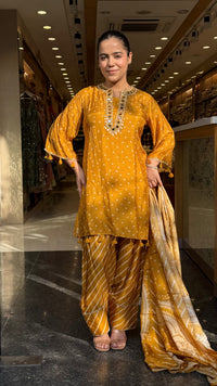 Gajji Silk Bandhani Print Suit Set with Mirror Work & Farshi Salwar
