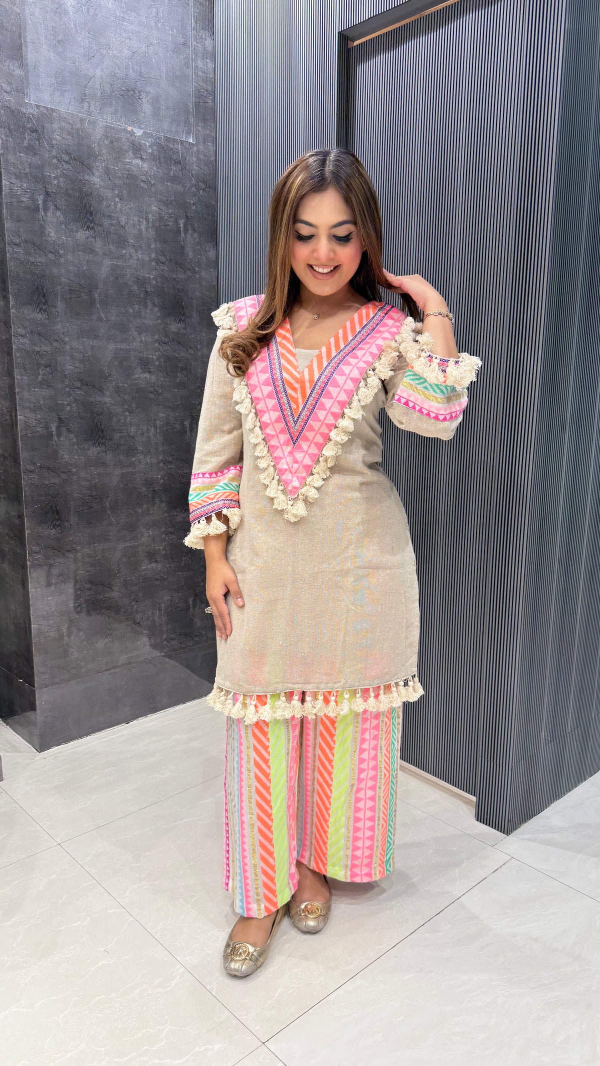 Linen Cotton Kurta with Neon Bottom Patchwork & Tassel Neckline