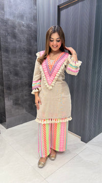 Linen Cotton Kurta with Neon Bottom Patchwork & Tassel Neckline