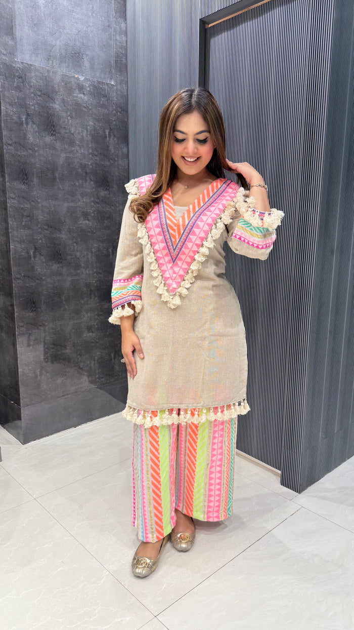 Linen Cotton Kurta with Neon Bottom Patchwork & Tassel Neckline