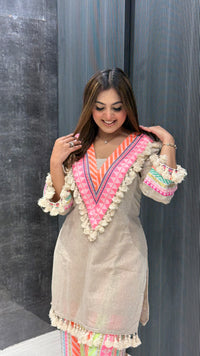 Linen Cotton Kurta with Neon Bottom Patchwork & Tassel Neckline