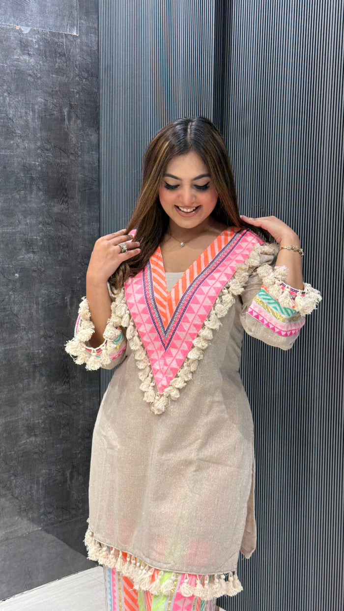 Linen Cotton Kurta with Neon Bottom Patchwork & Tassel Neckline