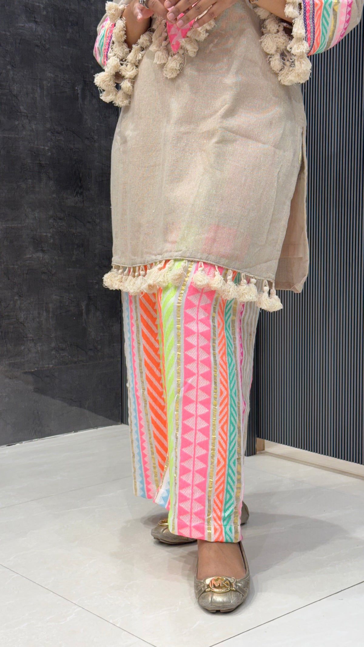 Linen Cotton Kurta with Neon Bottom Patchwork & Tassel Neckline