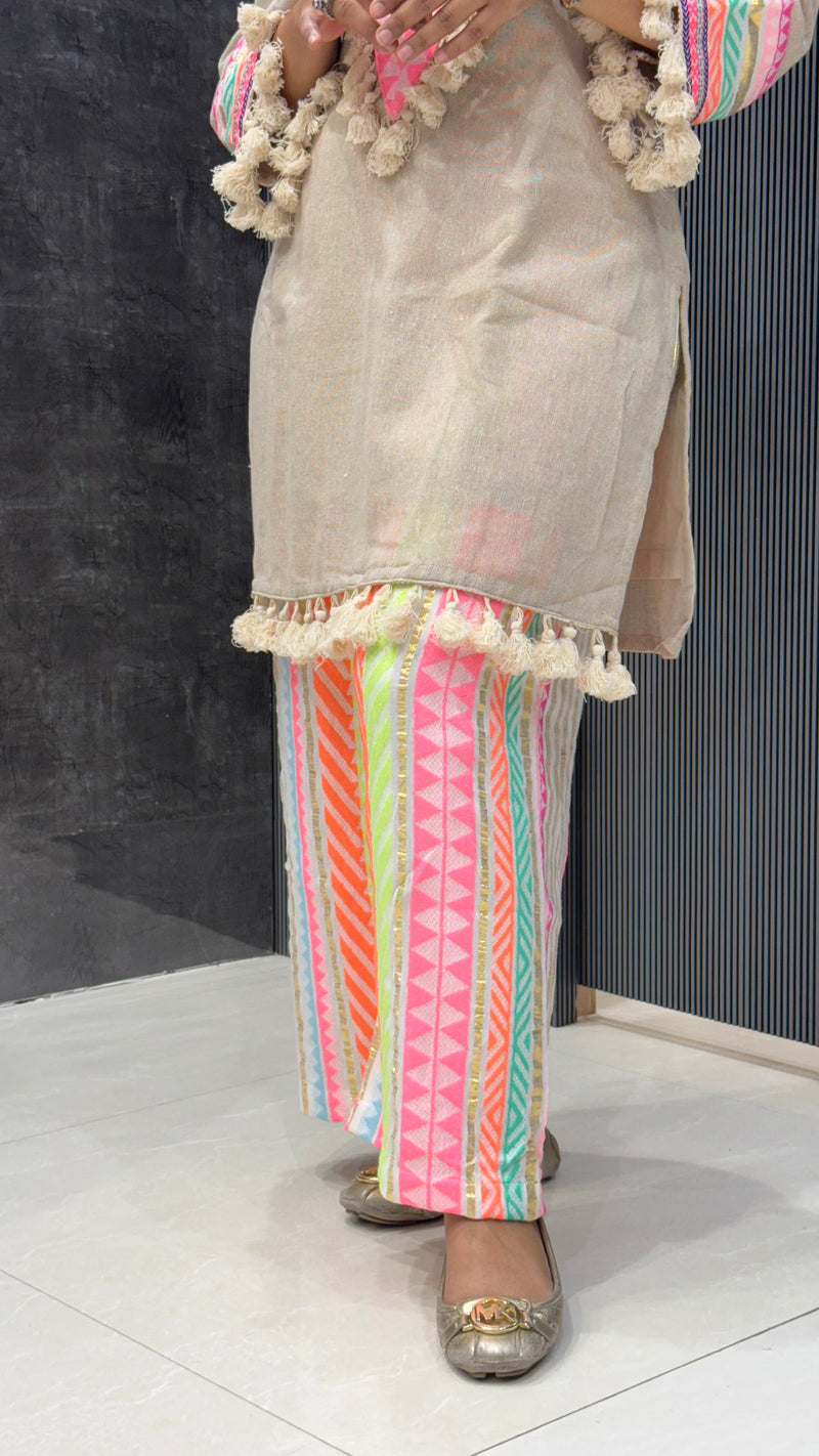 Linen Cotton Kurta with Neon Bottom Patchwork & Tassel Neckline