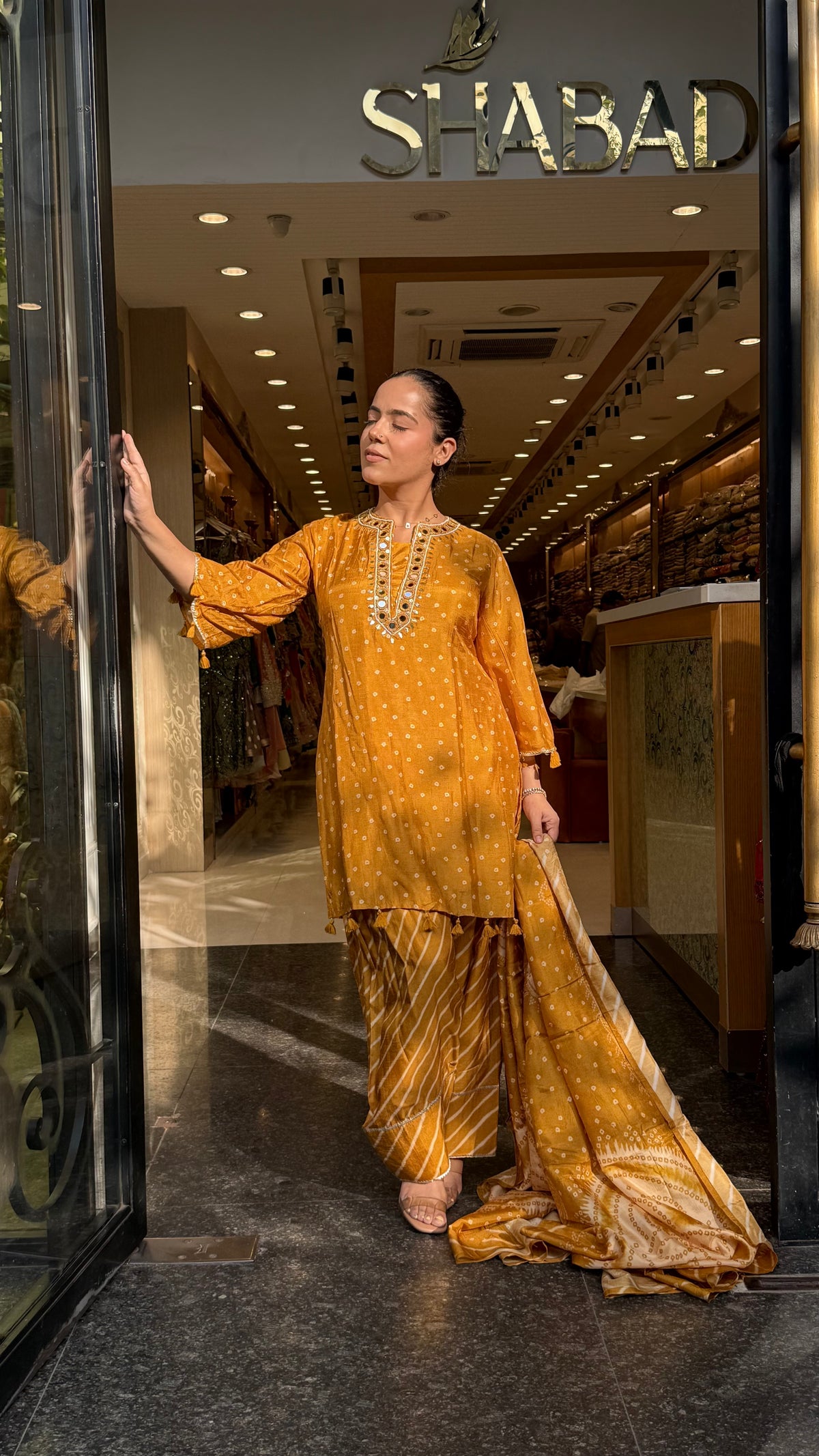 Gajji Silk Bandhani Print Suit Set with Mirror Work & Farshi Salwar