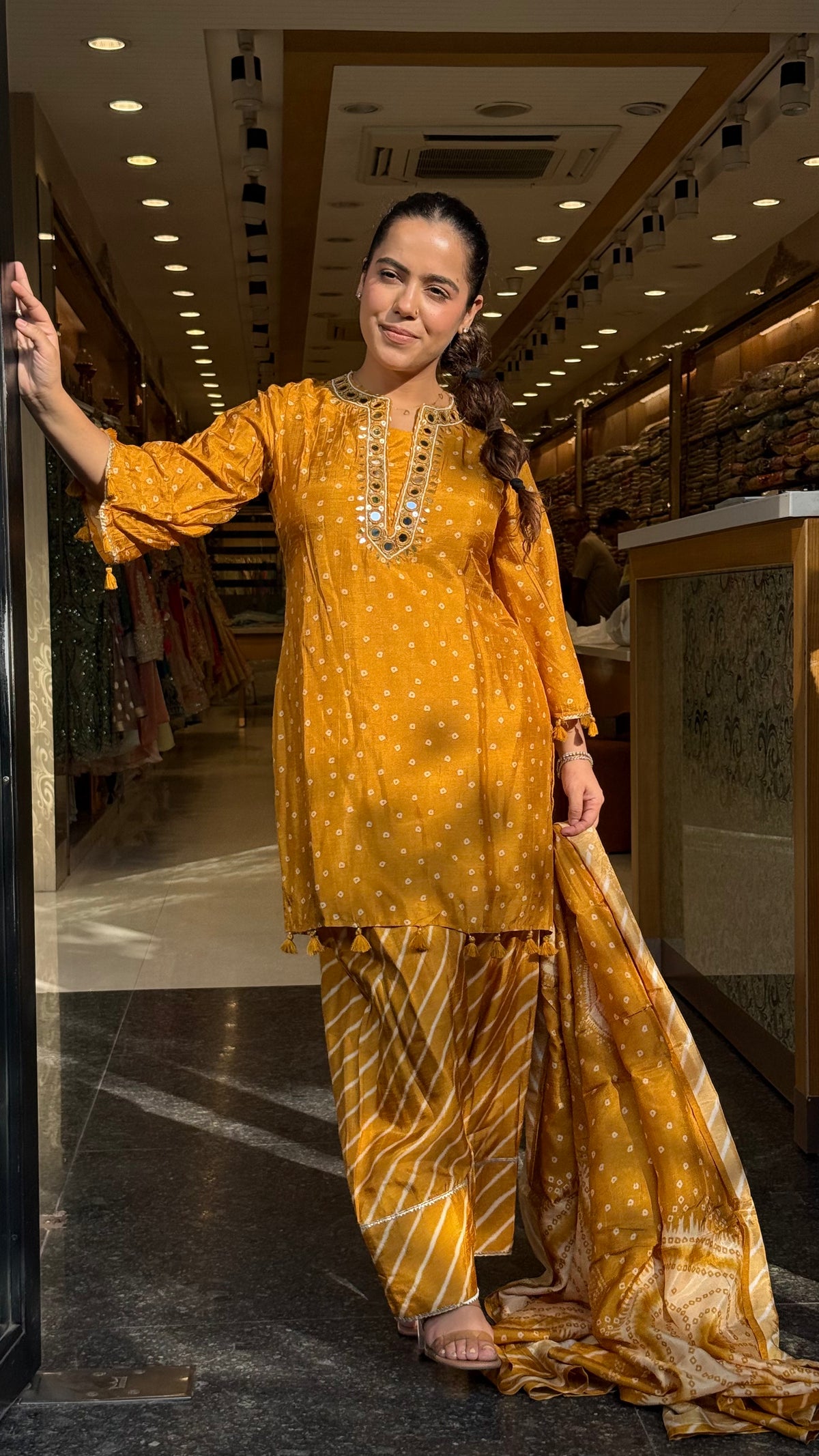 Gajji Silk Bandhani Print Suit Set with Mirror Work & Farshi Salwar