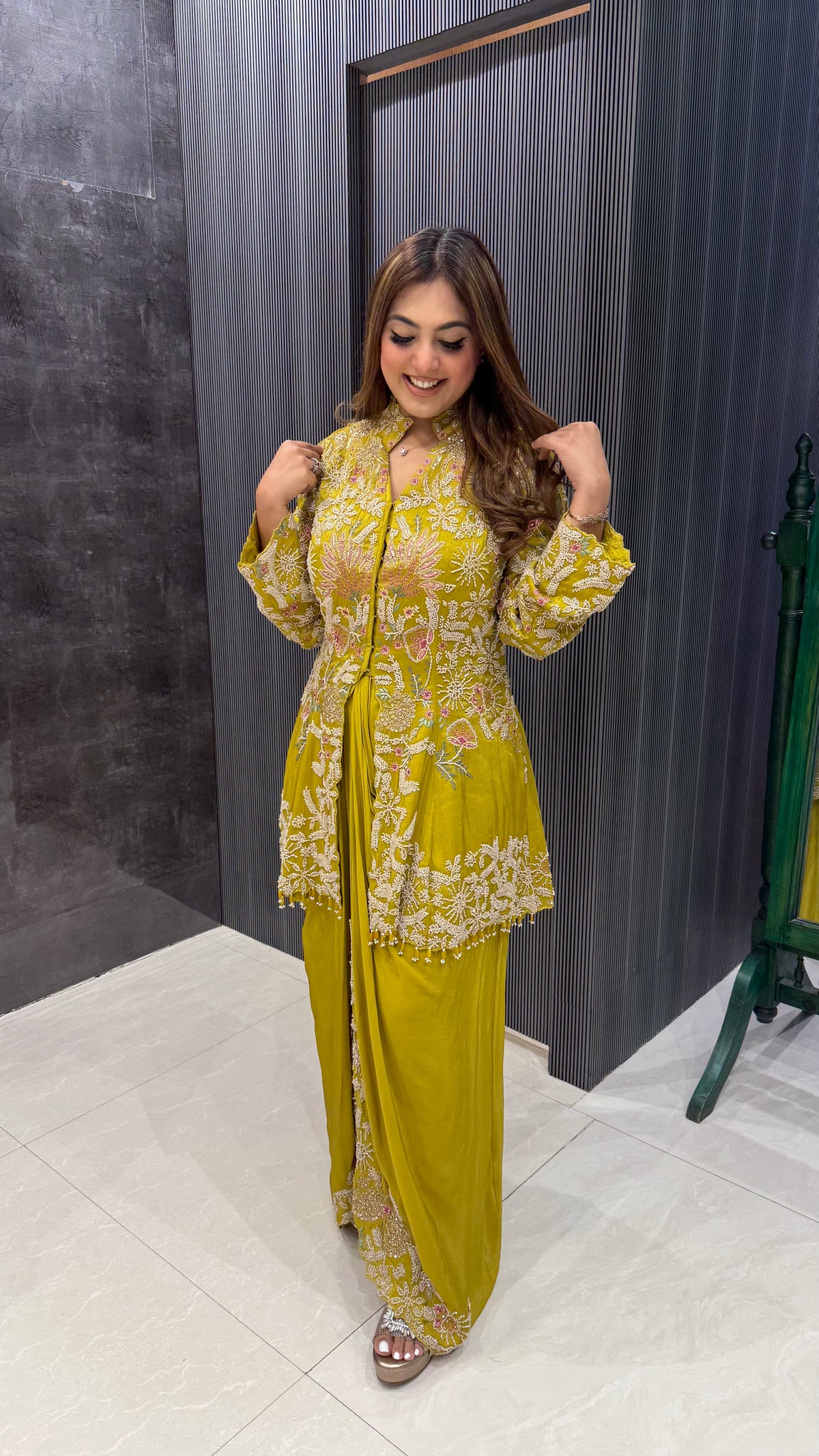 Handcrafted Indo-Western Skirt & Jacket Set – Elegant Handwork