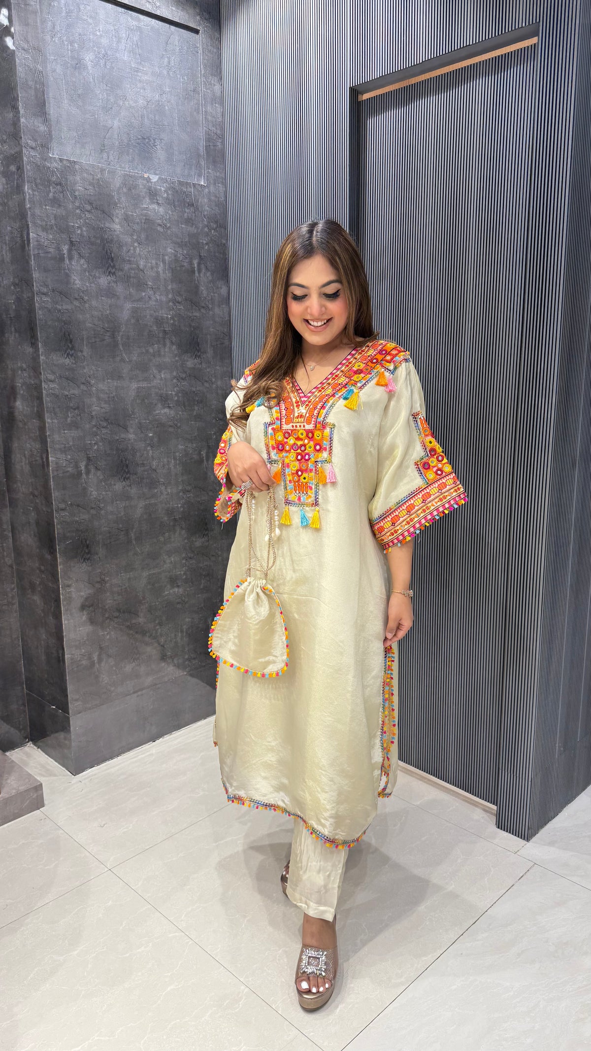 Phulkari Handwork Coord Set in Shimmer Silk – Elegant Ethnic Fusion