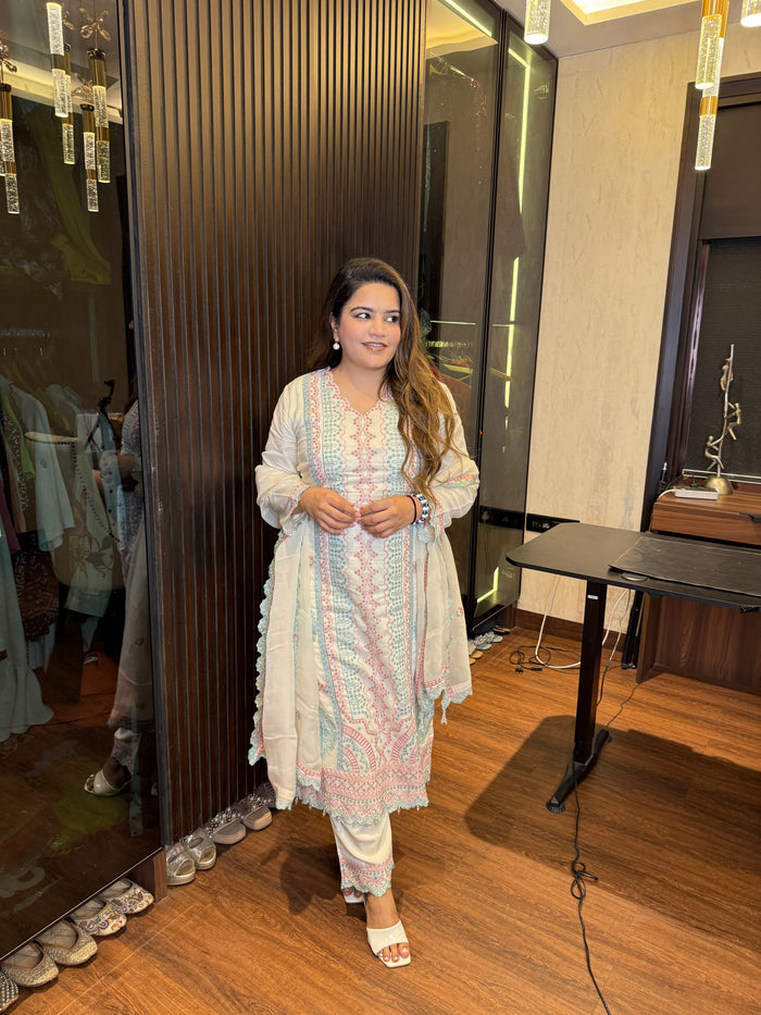 Cotton Linen Embroidered Cutwork Ready-Made Suit – Elegant Set