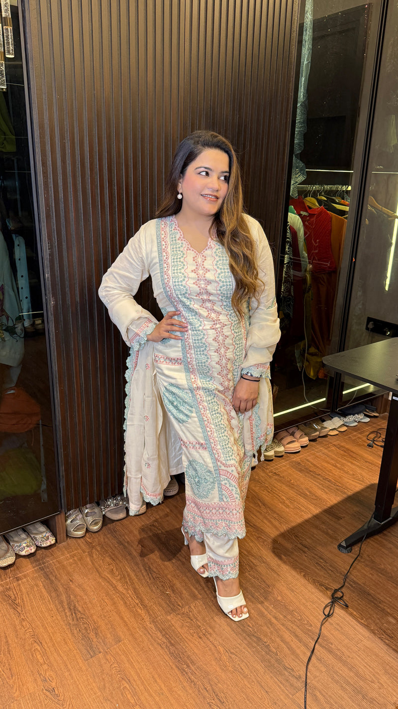 Cotton Linen Embroidered Cutwork Ready-Made Suit – Elegant Set