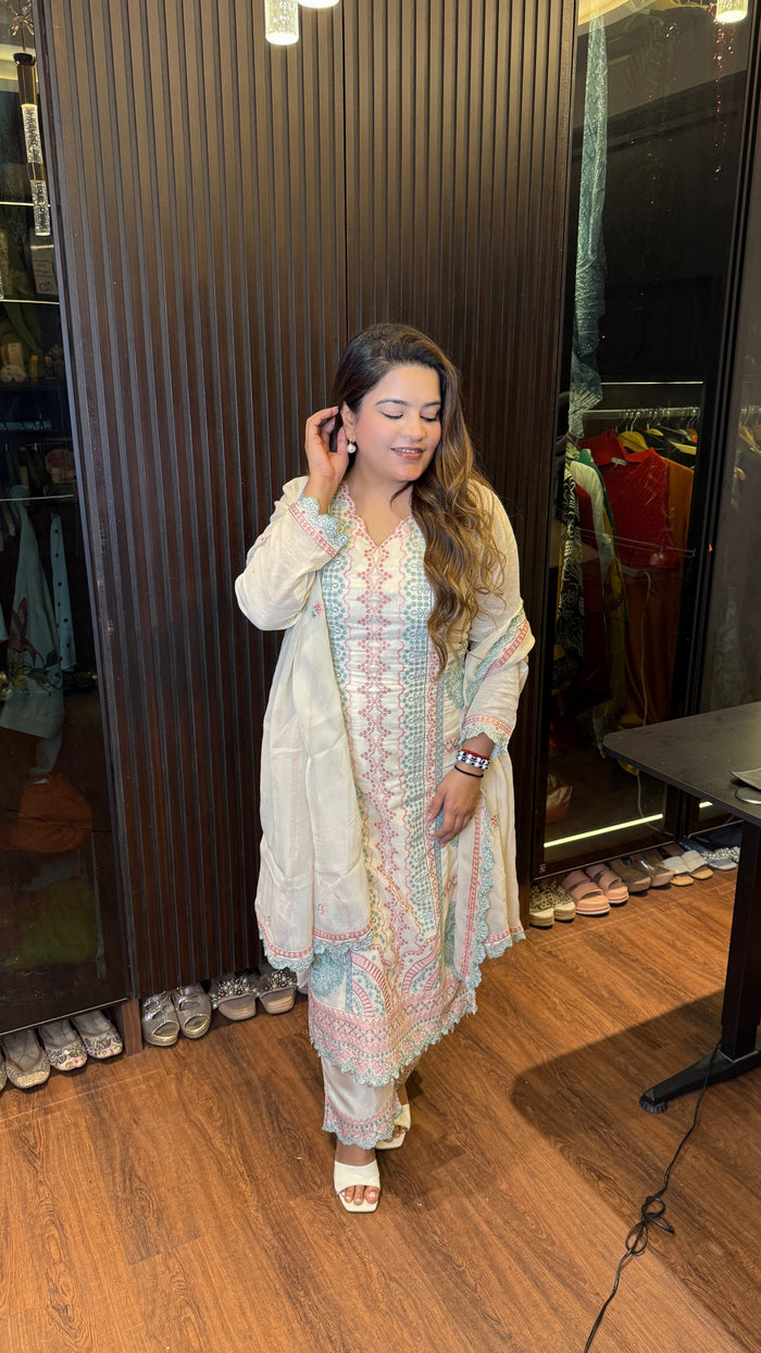 Cotton Linen Embroidered Cutwork Ready-Made Suit – Elegant Set