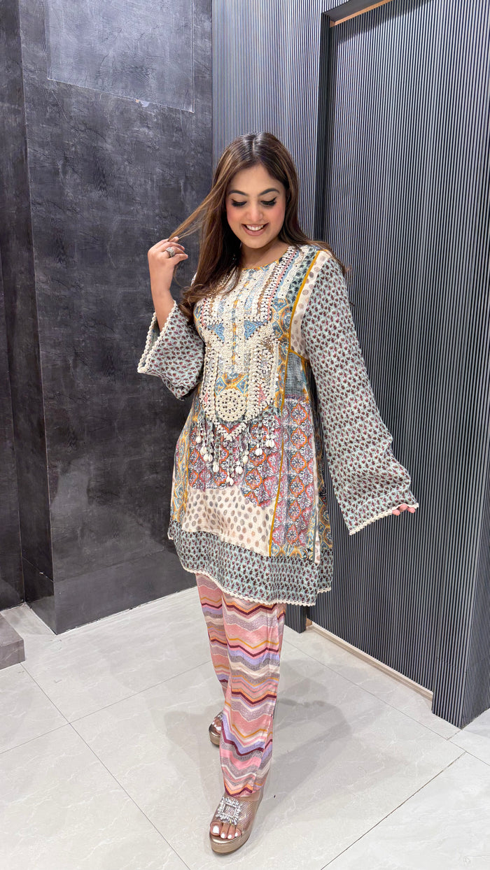 Hand-Embroidered Maslin Coord Set – Elegant Everyday Fusion