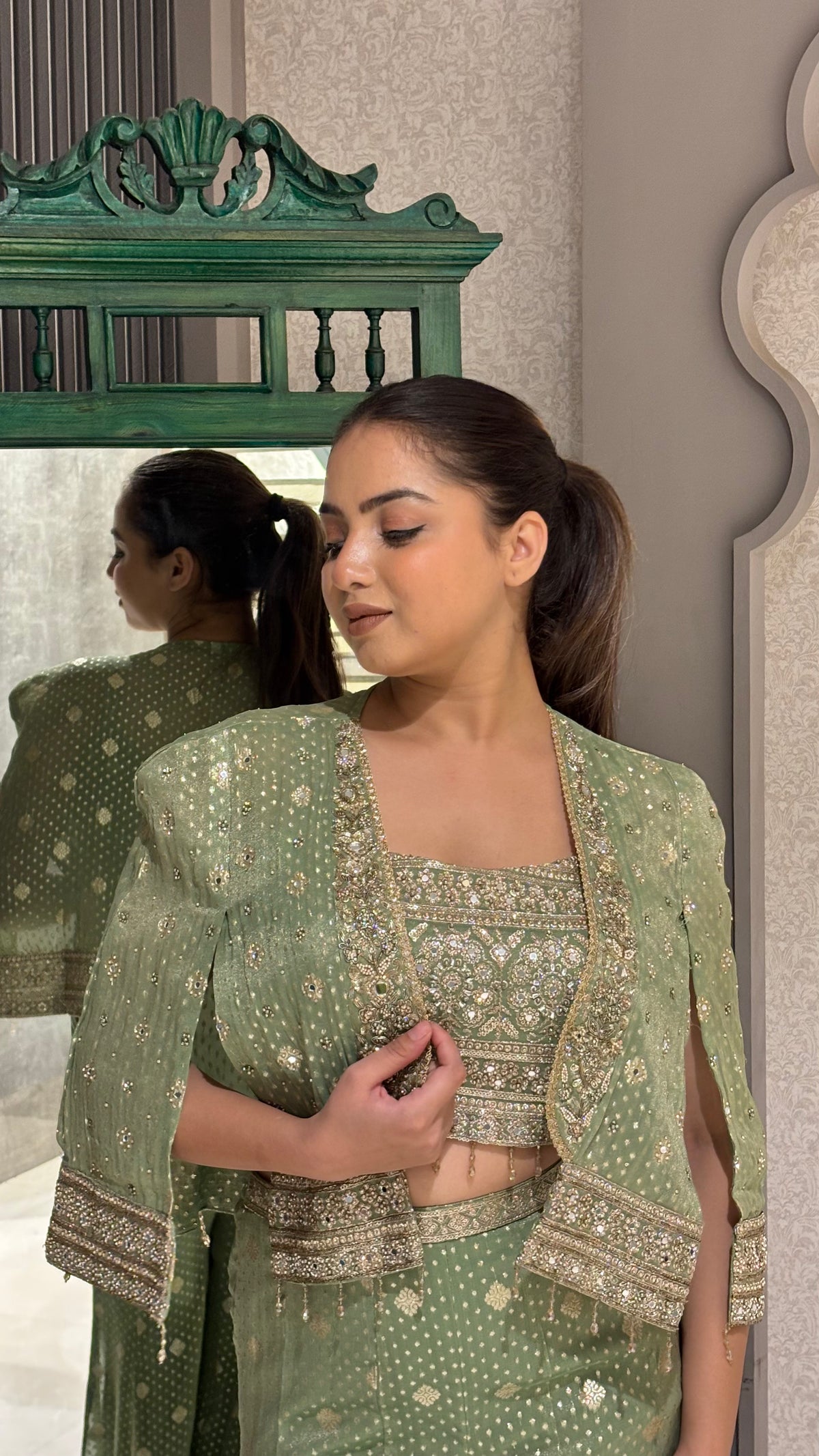 Shimmer Silk Banarasi Suit with Mirror, Pearl & Zari Work –