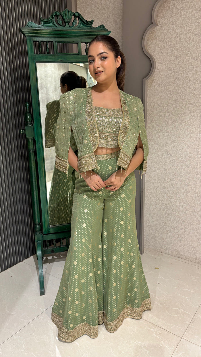 Shimmer Silk Banarasi Suit with Mirror, Pearl & Zari Work –