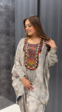 Shell & Pearl Embellished Crepe Coord Set – Chic & Breezy Elegance
