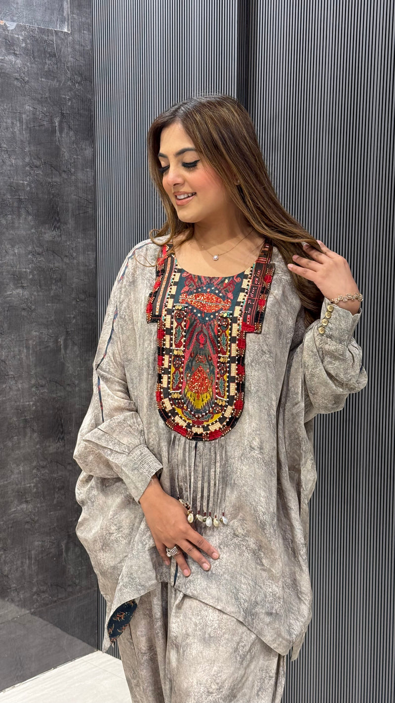 Shell & Pearl Embellished Crepe Coord Set – Chic & Breezy Elegance
