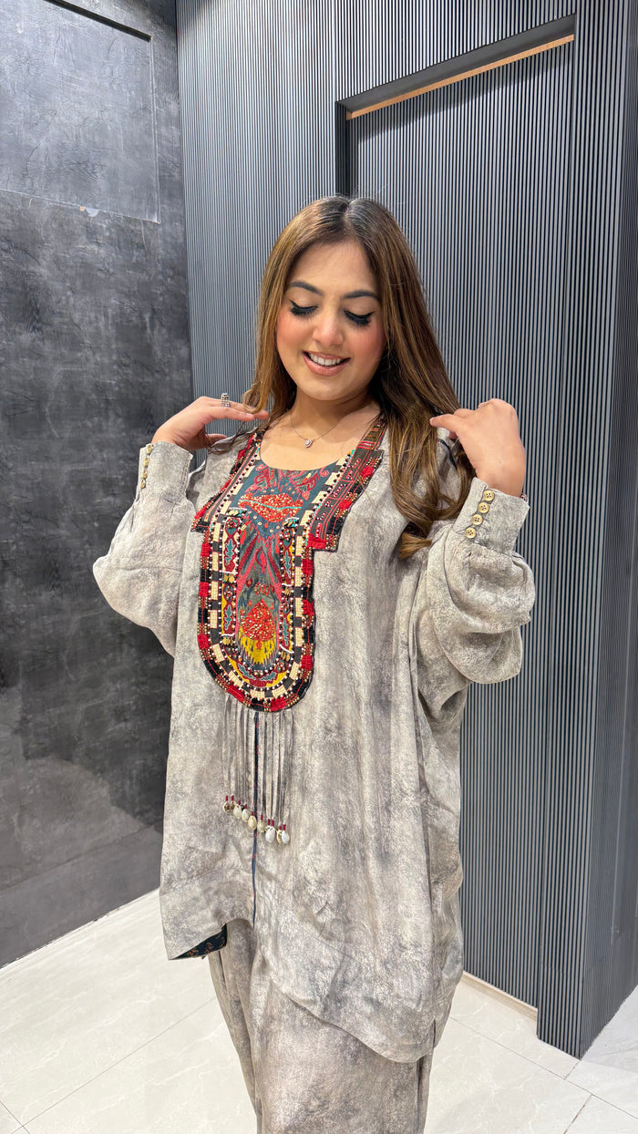 Shell & Pearl Embellished Crepe Coord Set – Chic & Breezy Elegance