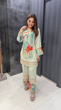 Handpainted Cotton Linen Coord Set with Pearl Detailing