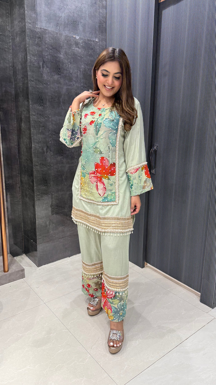 Handpainted Cotton Linen Coord Set with Pearl Detailing