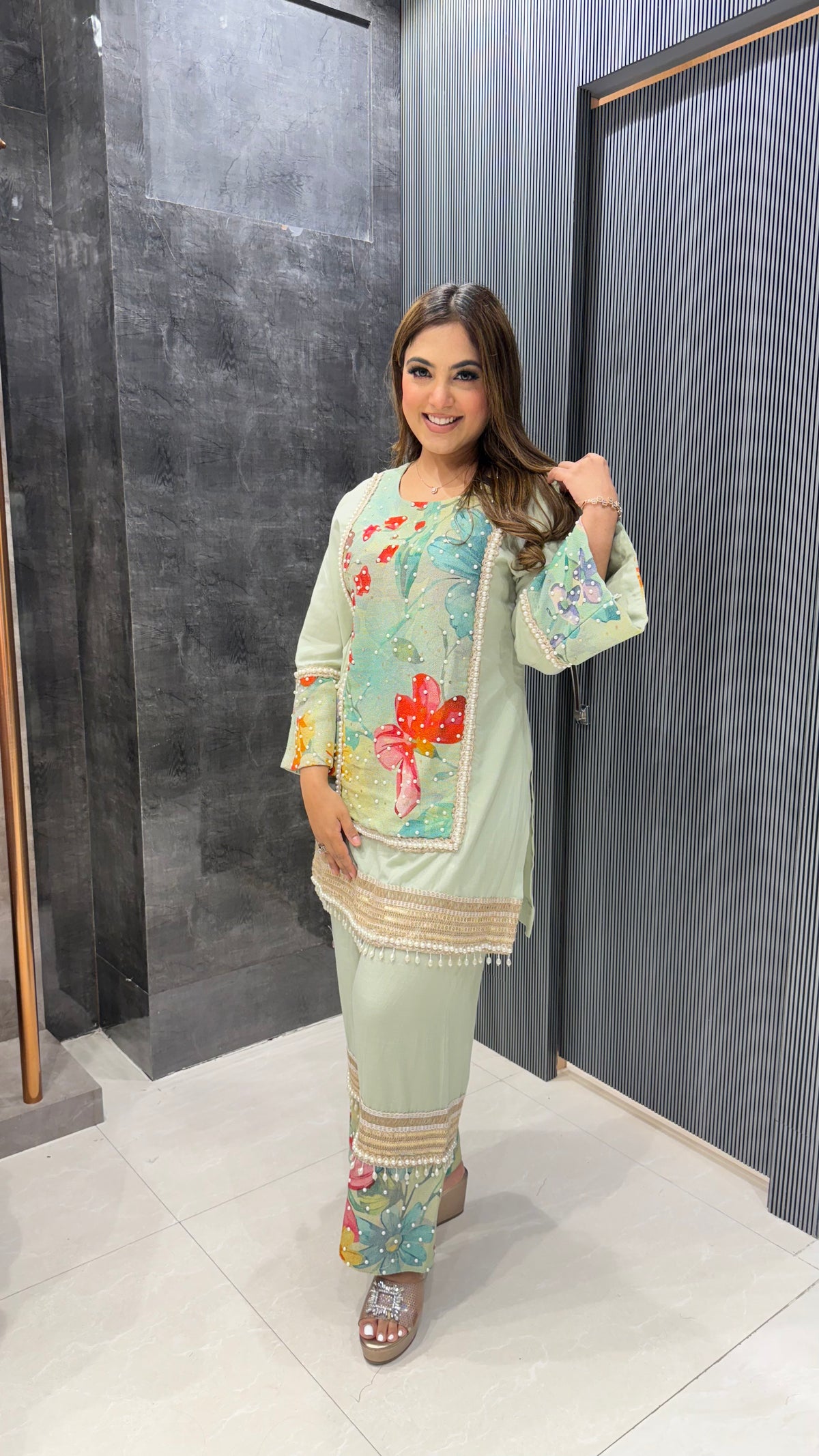 Handpainted Cotton Linen Coord Set with Pearl Detailing