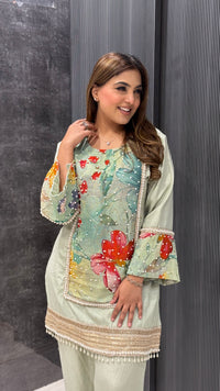 Handpainted Cotton Linen Coord Set with Pearl Detailing