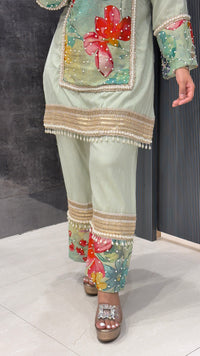 Handpainted Cotton Linen Coord Set with Pearl Detailing