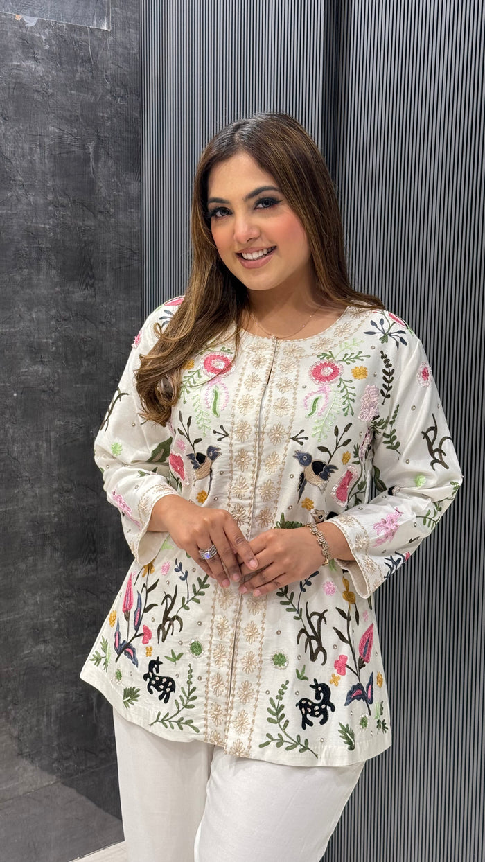 Kashmiri Embroidered Coord Set in Maheshwari Silk