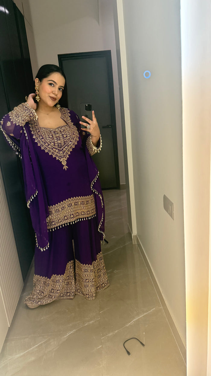 Beads Work Georgette Suit – Purple & Red (Upto Size 46)