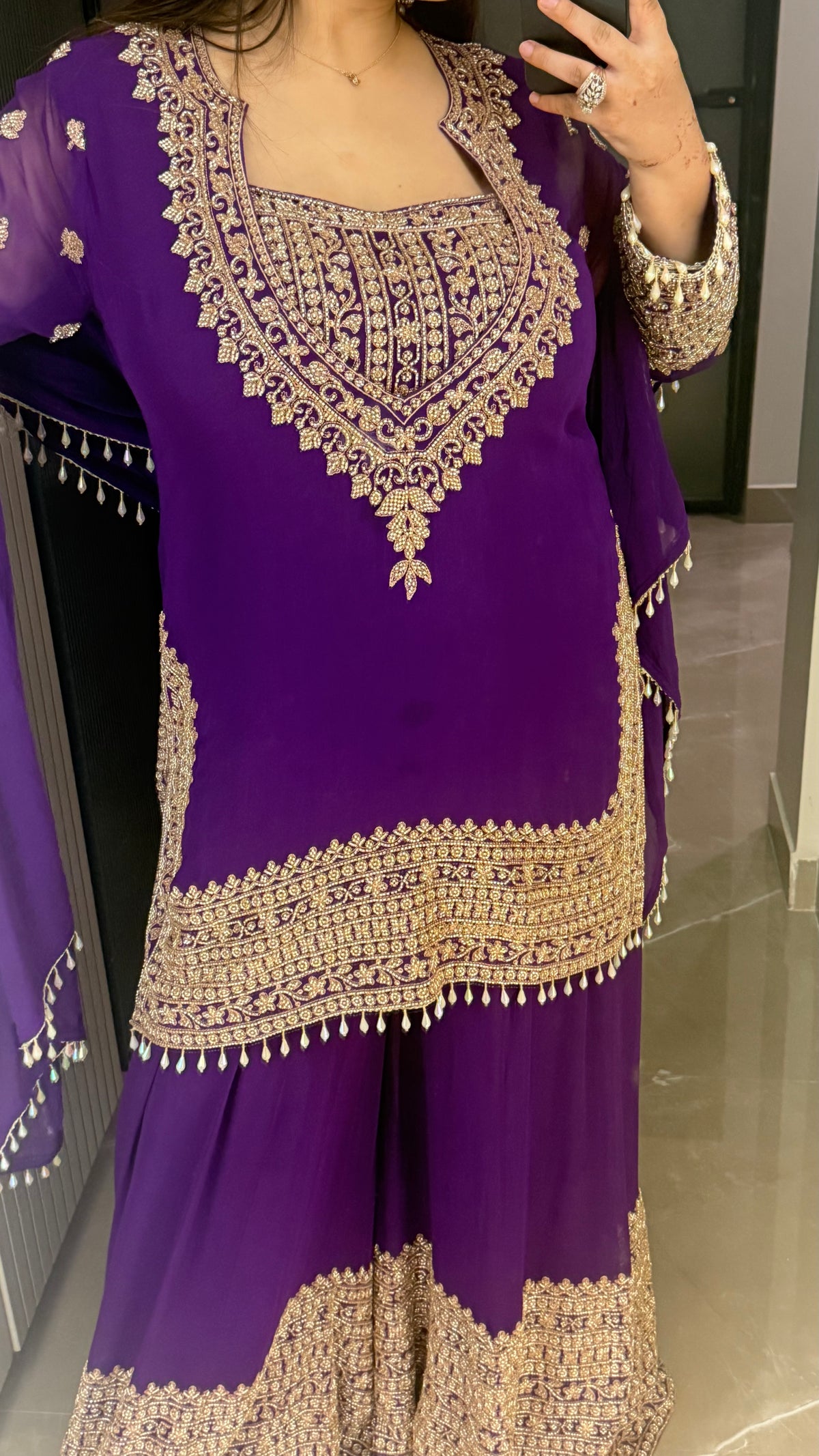 Beads Work Georgette Suit – Purple & Red (Upto Size 46)