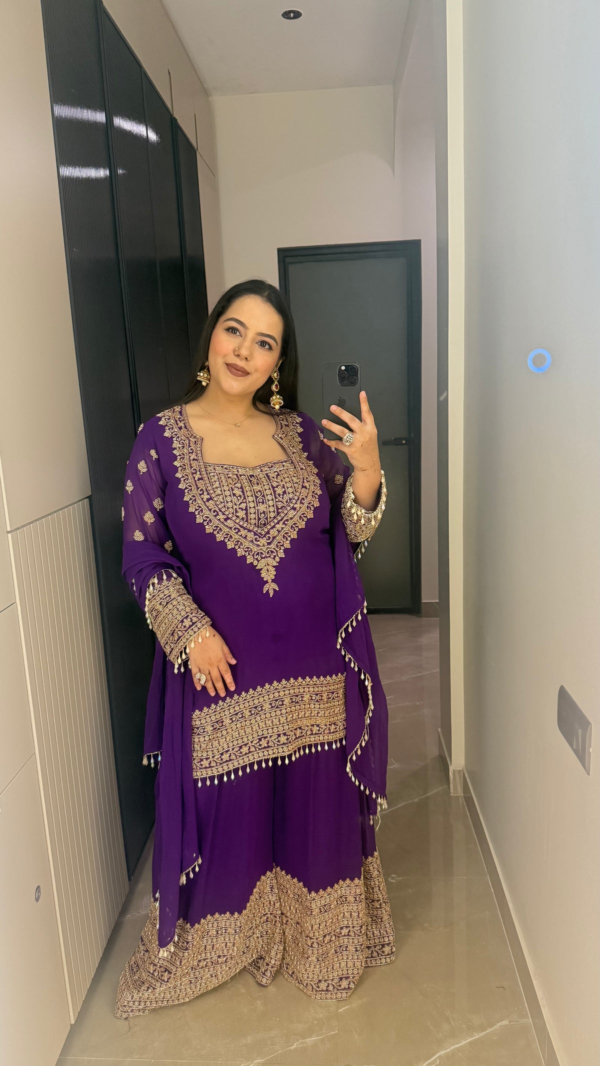 Beads Work Georgette Suit – Purple & Red (Upto Size 46)