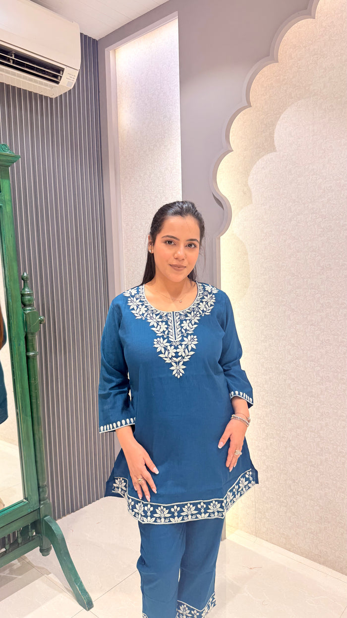 Floral Thread Embroidery Cotton Co-ord Set