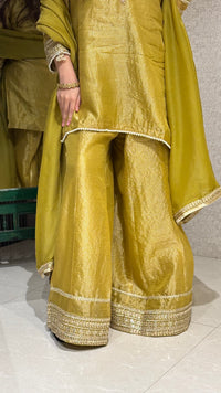 Lime Yellow & Peach Handworked Suit Set with Sequin Blouse – 3 Piece