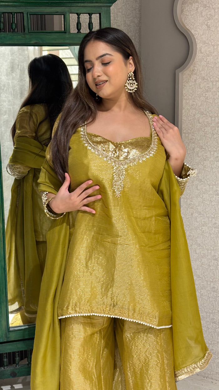 Lime Yellow & Peach Handworked Suit Set with Sequin Blouse – 3 Piece