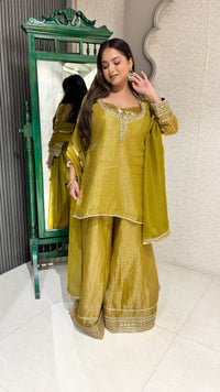 Lime Yellow & Peach Handworked Suit Set with Sequin Blouse – 3 Piece