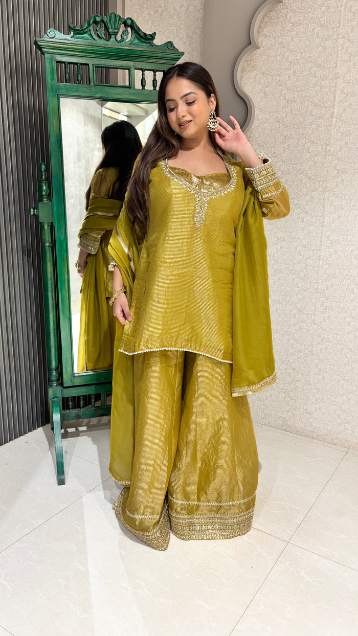 Lime Yellow & Peach Handworked Suit Set with Sequin Blouse – 3 Piece