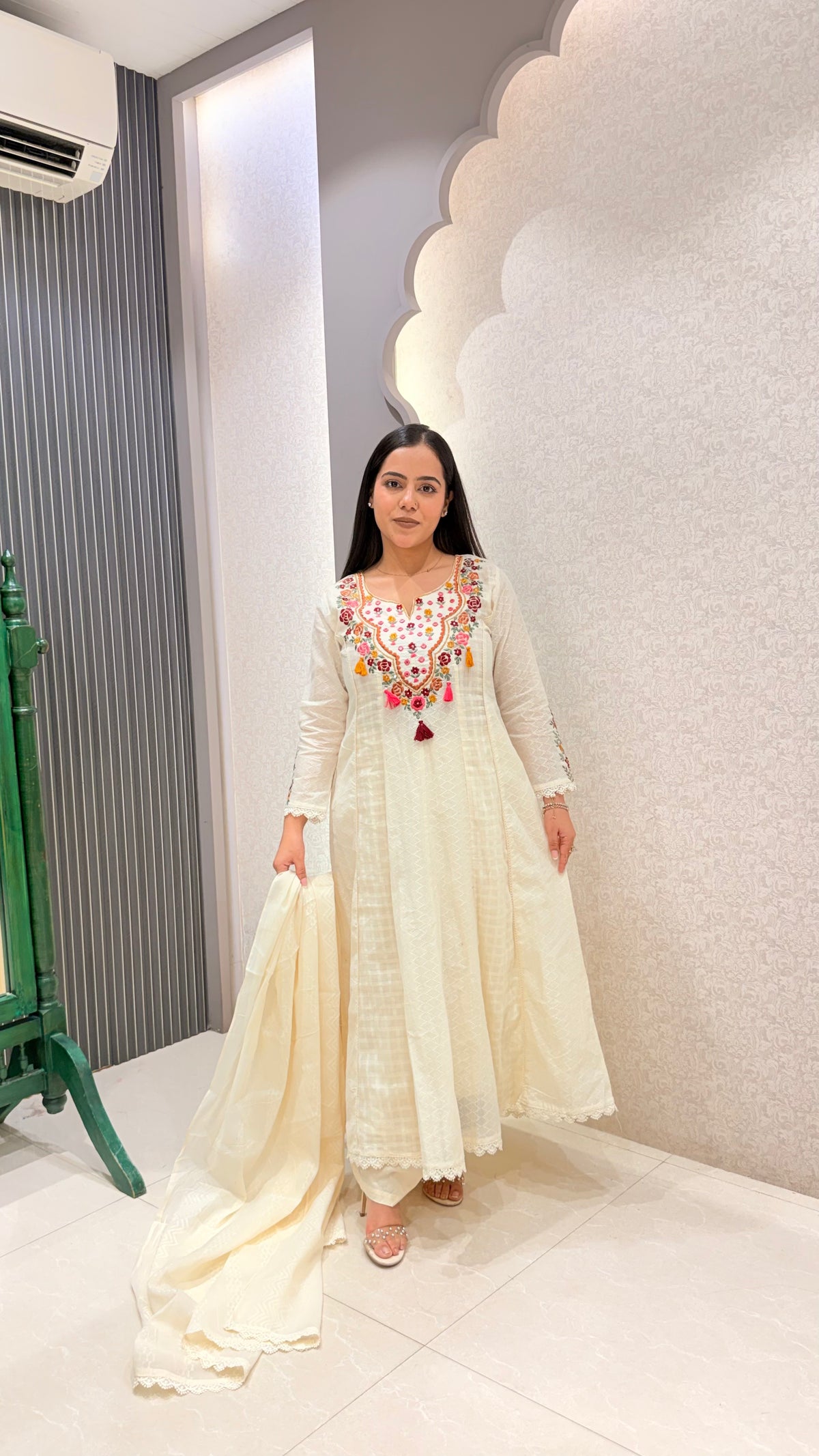 Cotton Jacquard Suit with Thread Embroidery & Mirror Work