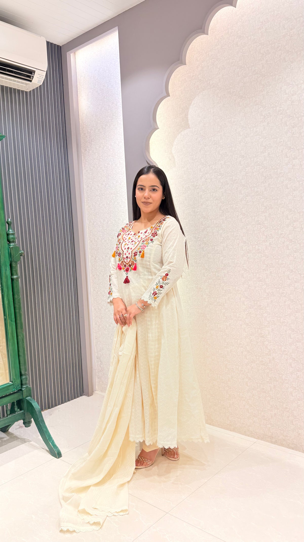 Cotton Jacquard Suit with Thread Embroidery & Mirror Work