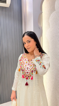 Cotton Jacquard Suit with Thread Embroidery & Mirror Work