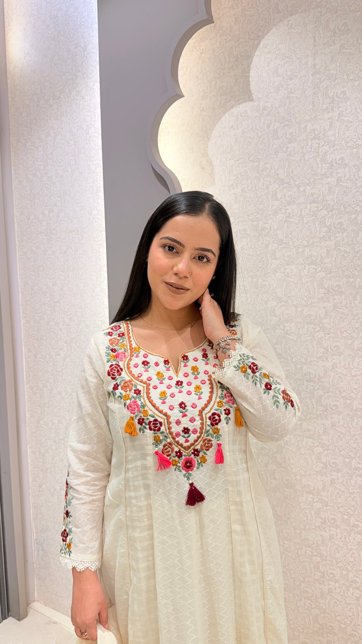 Cotton Jacquard Suit with Thread Embroidery & Mirror Work