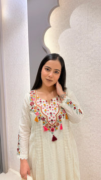 Cotton Jacquard Suit with Thread Embroidery & Mirror Work