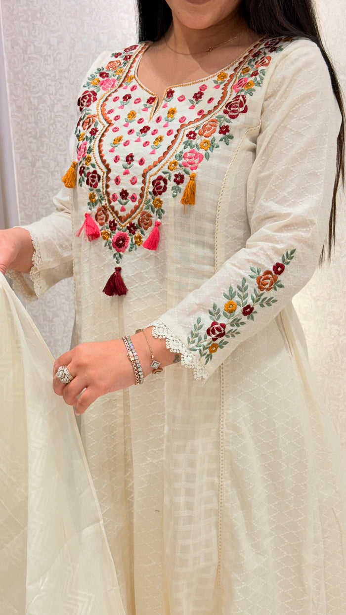 Cotton Jacquard Suit with Thread Embroidery & Mirror Work