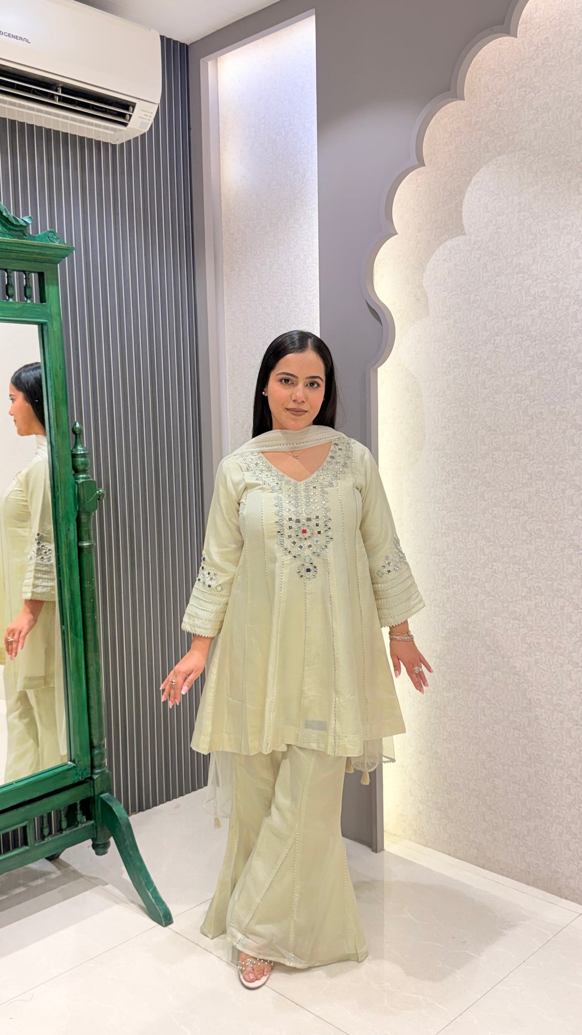 Shimmer Silk Suit with Mirror Work