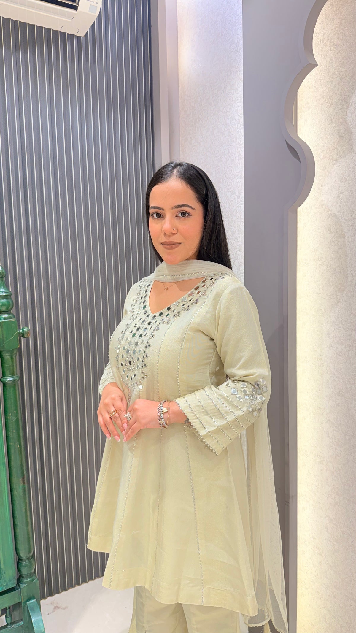 Shimmer Silk Suit with Mirror Work