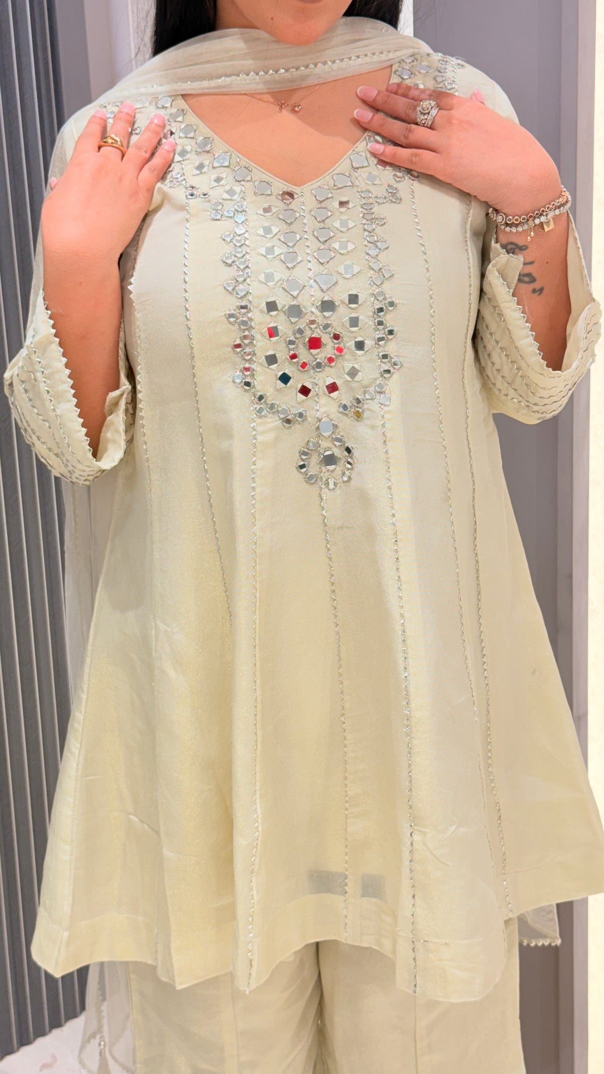 Shimmer Silk Suit with Mirror Work