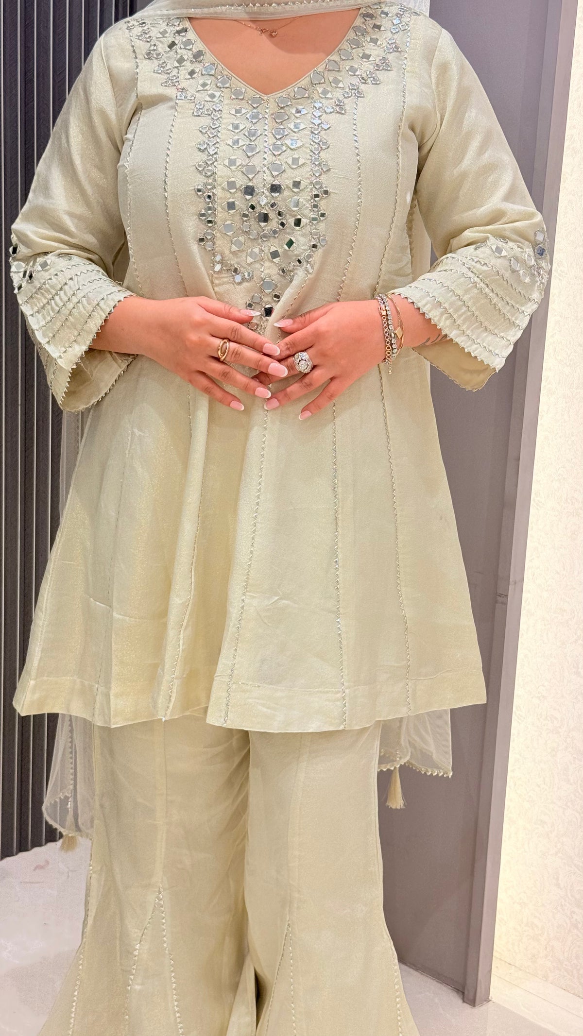 Shimmer Silk Suit with Mirror Work